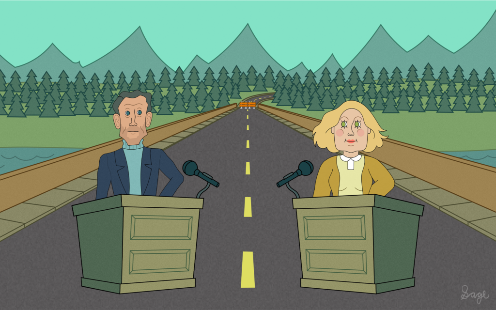 An illustration of two debaters near podiums placed on a bridge, blocked off by barriers. Sage's signature is at the bottom-right corner.