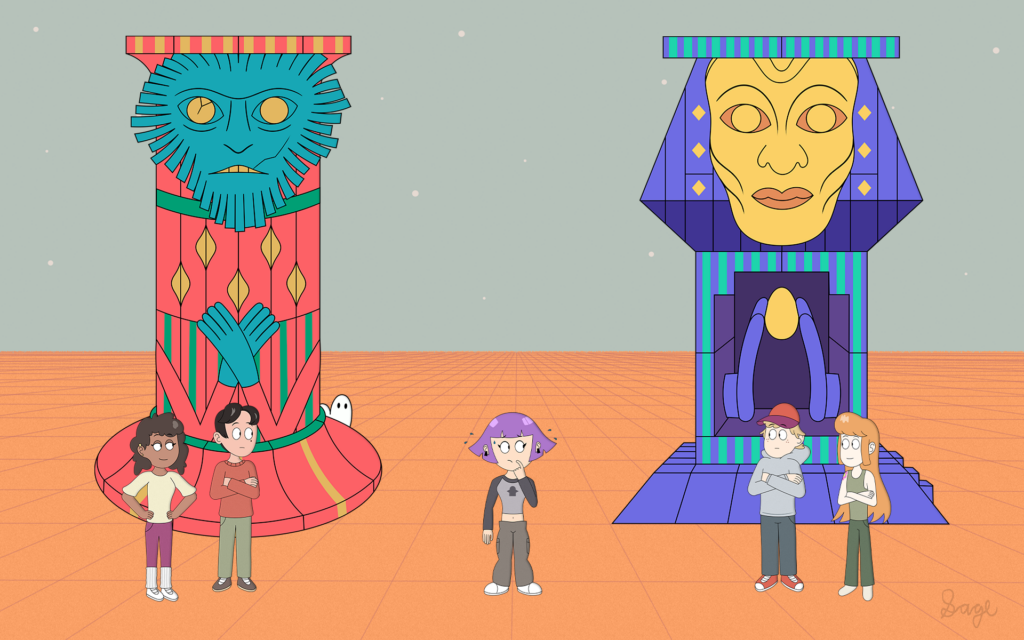An illustration of Jackie Jill and her friends (based on characters from a Jackbox commercial) picking their team in the world of Idol Factions. Alex and Talia are on the side of Quiztar, while Arnie Jr. and Ezra are on the side of Cerebriel, with Jackie left pondering on which team to choose to claim the majority. Sage's signature is at the bottom-right corner.