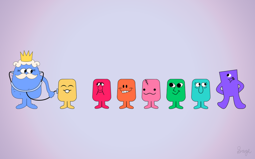 An illustration of King Friendship with a stethoscope, doing a check-up on the yellow pal, while the other pals are lined up, including red, orange, pink, green, and cyan. The cyan pal meanwhile is looking behind at what looks like the purple pal, however it is actually the cyclops quip from Quiplash, but with arms and legs added, trying to blend in. Sage's signature is at the bottom-right corner.