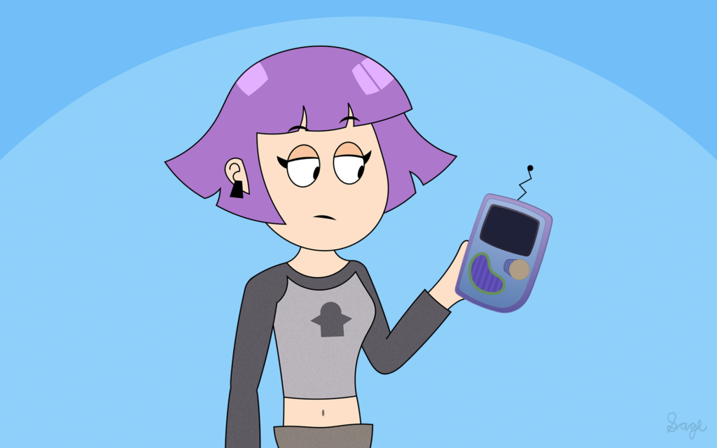 An illustration of Jackie Jill (the unofficial name of a character from Jackbox's "Is Your Money Going As Far As It Should?" commercial) looking at Viz (from Hyperface), who is shut off. Sage's signature is at the bottom-right corner.